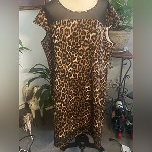 Spense Leopard Print Sheath Dress with Black Mesh Yoke